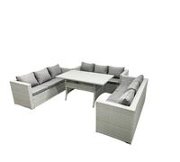 FIMOUS Outdoor Furniture Set Garden Sofa Rectangulr Dining Table 9 Seater Rattan Light Grey Mixed