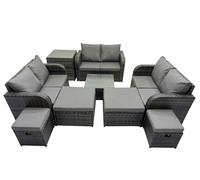 Fimous Rattan Garden Outdoor Furniture Set Love Sofa Square Coffee Table Set with 4 Stools Side Table Dark Grey Mixed
