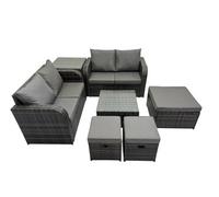 Fimous Rattan Garden Outdoor Furniture Set Love Sofa Square Coffee Table Set with Side Table 3 Stools Dark Grey Mixed