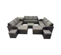 Fimous Rattan Garden Outdoor Furniture Set 3 Seater Sofa Square Coffee Table Set with 4 Stools Side Table Dark Grey Mixed