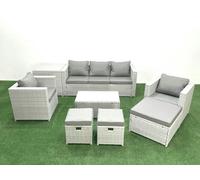Fimous Rattan Garden Outdoor Furniture Sofa Set with Rectangular Coffee Table 2 Chairs 3 Footstools Side Table Light Grey Mixed
