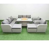 Fimous PE Rattan Set Patio Firepit Dining Table & Chairs Set with 3 Seater Sofa Reclining Chair 2 Big Footstool 2 Side Table Light Grey
