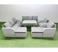 Fimous Rattan High Back Lounge Sofa Set Patio Dining Table & Chairs Set With 2 Big Stool Light Grey