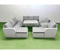 Fimous Rattan High Back Lounge Sofa Set Patio Dining Table & Chairs Set with 3 Seater Sofa 2 Reclining Chairs 2 Side Tables 2 Big Stool Light Grey