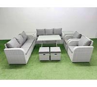 Fimous Rattan High Back Lounge Sofa Set Patio Dining Table & Chairs Set with 3 Seater Sofa 2 Reclining Chairs 2 Side Tables 2 Small Stool Light Grey
