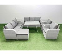 Fimous Rattan High Back Lounge Sofa Set Patio Dining Table & Chairs Set With 2 Side Tables Big Stool Light Grey