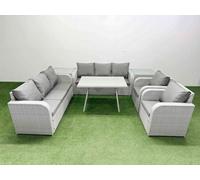 Fimous Rattan High Back Lounge Sofa Set Patio Dining Table & Chairs Set With 2 Side Tables Light Grey