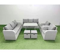 Fimous Rattan High Back Lounge Sofa Set Patio Dining Table & Chairs Set with 3 Seater Sofa 2 Reclining Chairs Side Table 2 Small Stool Light Grey