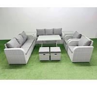 Fimous Rattan High Back Lounge Sofa Set Patio Dining Table & Chairs Set with 3 Seater Sofa 2 Reclining Chairs 2 Side Tables 2 Small Stool Light Grey