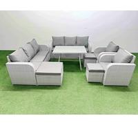 Fimous Rattan High Back Lounge Sofa Set Patio Dining Table & Chairs Set with 3 Seater Sofa 2 Reclining Chairs 3 Stool Light Grey