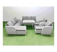 Fimous Rattan High Back Lounge Sofa Set Patio Dining Table & Chairs Set With 3 Seater Sofa 2 Reclining Chairs 3 Stool Light Grey
