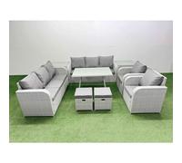 Fimous Rattan High Back Lounge Sofa Set Patio Dining Table & Chairs Set With 2 Side Tables 2 Small Stool Light Grey