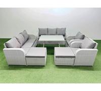 Fimous Rattan High Back Lounge Sofa Set Patio Dining Table & Chairs Set with 3 Seater Sofa 2 Reclining Chairs 2 Big Stool Light Grey