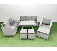 Fimous Rattan High Back Lounge Sofa Set Patio Dining Table & Chairs Set With 3 Seater Sofa Reclining Chair 3 Stool Light Grey