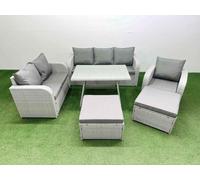 Fimous Rattan High Back Lounge Sofa Set Patio Dining Table & Chairs Set with 3 Seater Sofa Reclining Chair 2 Big Stool Light Grey Light Grey