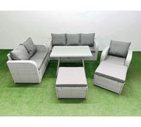 Fimous Rattan High Back Lounge Sofa Set Patio Dining Table & Chairs Set with 3 Seater Sofa Reclining Chair 2 Big Stool Light Grey