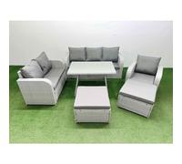 Fimous Rattan High Back Lounge Sofa Set Patio Dining Table & Chairs Set with 3 Seater Sofa Reclining Chair 2 Big Stool Light Grey