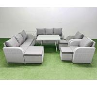 Fimous Rattan High Back Lounge Sofa Set Patio Dining Table & Chairs Set With Side Table 3 Stool Light Grey