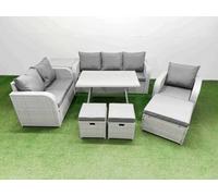 Fimous Rattan High Back Lounge Sofa Set Patio Dining Table & Chairs Set With Side Table 3 Stool Light Grey