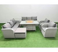 PE Rattan High Back Lounge Sofa Set Patio Firepit Dining Table & Chairs Set with 3 Seater Sofa Reclining Chair Big Footstool Side Table Light Grey Fimous Light Grey One Size