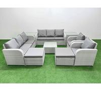 PE Rattan High Back Lounge Sofa Set Patio Square Coffee Table & Chairs Set with 3 Seater Sofa Reclining Chair 2 Big Footstool 2 Side Table Light Grey Fimous Light Grey One Size