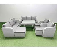 Fimous Rattan High Back Lounge Sofa Set Patio Dining Table & Chairs Set with 3 Seater Sofa 2 Reclining Chairs Side Table 3 Stool Light Grey
