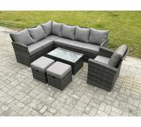 Fimous Rattan Lounge Corner Sofa Set Wicker PE Outdoor Garden Furniture Set with Rectangular Coffee Table 2 Small Footstools Chair Dark Grey Mixed