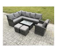Fimous Rattan Lounge Corner Sofa Set Wicker PE Outdoor Garden Furniture Set with Rectangular Coffee Table 2 Small Footstools Chair Dark Grey Mixed