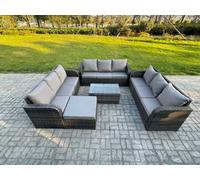 Fimous Rattan Lounge Sofa Set 10 Seater Outdoor Garden Furniture Set with Rectangular Coffee Table 3 Seater Sofa Dark Grey Mixed
