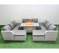 PE Rattan Lounge Sofa Set 11 Seater Outdoor Garden Furniture Set with Firepit Dining Table 3 Seater Sofa 2 Big Footstools 2 Side Table Light Grey Fimous Light Grey One Size