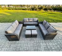 Fimous Rattan Lounge Sofa Set 11 Seater Outdoor Garden Furniture Set with Rectangular Coffee Table 3 Seater Sofa 2 Small Footstools Dark Grey Mixed
