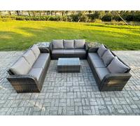 Fimous Rattan Lounge Sofa Set 9 Seater Outdoor Garden Furniture Set with Rectangular Coffee Table 3 Seater Sofa 2 Side Tables Dark Grey Mixed