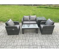 Fimous Rattan Lounge Sofa Set Outdoor Garden Furniture Set with Rectangular Coffee Table Love Sofa Side Table Dark Grey Mixed