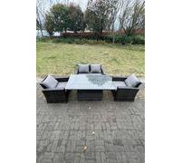 Fimous Rattan Outdoor Furniture Adjustable Rising Lifting Rectangle Dining Table Chairs 4 Seater in Dark Grey Fimous Dark Grey