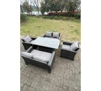 Fimous Rattan Outdoor Furniture Adjustable Rising Lifting Rectangle Dining Table Chairs 6 Seater in Dark Grey Fimous Dark Grey