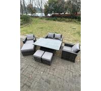 Fimous Rattan Outdoor Furniture Adjustable Rising Lifting Rectangle Dining Table Chairs Love Sofa Sets7 Seater in Dark Grey Fimous Dark Grey