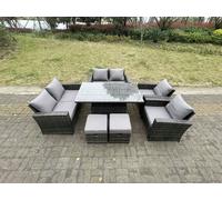Fimous Rattan Outdoor Furniture Adjustable Rising Lifting Rectangle Dining Table Chairs Two Seater Love Sofa Sets Footstools 8 Seater