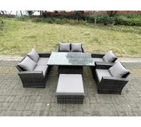 Fimous Rattan Outdoor Furniture Adjustable Rising Lifting Rectangle Dining Table Chairs Two Seater Love Sofa Sets Big Footstools 7 Seater