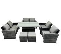 Fimous Rattan Outdoor Furniture Adjustable Rising Lifting Rectangle Dining Table Love Sofa Set Footstool 8 Seater in Dark Grey Fimous Dark Grey