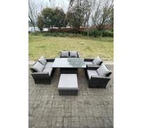 Fimous Rattan Outdoor Furniture Adjustable Rising Lifting Rectangle Dining Table Love Sofa Sets 7 Seater in Dark Grey Fimous Dark Grey