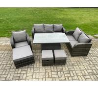 Fimous Rattan Outdoor Furniture Garden Dining Set Patio Height Adjustable Rising lifting Table Reclining Chair Sofa With 3 Footstools Dark Grey Mixed