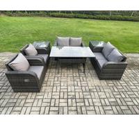 Fimous Rattan Outdoor Furniture Garden Dining Set Rectangular Table And Chair Sofa Set With 2 Pc Side Tables Dark Grey Mixed
