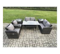 Fimous Rattan Outdoor Furniture Garden Dining Set Rectangular Table and Chair Sofa Set With 2 PC Side Tables Dark Grey Mixed