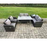 Fimous Rattan Outdoor Furniture Garden Dining Set Rectangular Table and Chair Sofa Set With Side Table Dark Grey Mixed