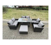 Fimous Rattan Outdoor Furniture Gas Fire Pit Rectangle Dining Table Gas Heater Chairs 7 Seater