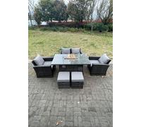 Fimous Rattan Outdoor Furniture Gas Fire Pit Rectangle Dining Table Gas Heater Chairs Love Sofa 6 Seater in Dark Grey Fimous Dark Grey