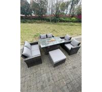 Fimous Rattan Outdoor Furniture Gas Fire Pit Rectangle Dining Table Gas Heater Chairs Sofa Set 7 Seater in Dark Grey Fimous Dark Grey