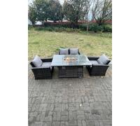 Fimous Rattan Outdoor Furniture Gas Fire Pit Rectangle Dining Table Gas Heater Chairs Sofa Sets 4 Seater in Dark Grey Fimous Dark Grey