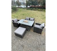 Fimous Rattan Outdoor Furniture Gas Fire Pit Rectangle Dining Table Gas Heater Chairs Sofa Sets 5 Seater in Dark Grey Fimous Dark Grey