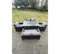 Fimous Rattan Outdoor Furniture Gas Fire Pit Rectangle Dining Table Gas Heater Chairs Sofa Sets 6 Seater in Dark Grey Fimous Dark Grey